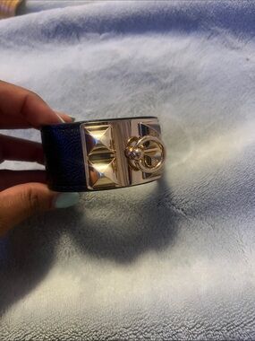 Black Leather Bracelet with Gold Pyramid Studs and Ring Accent